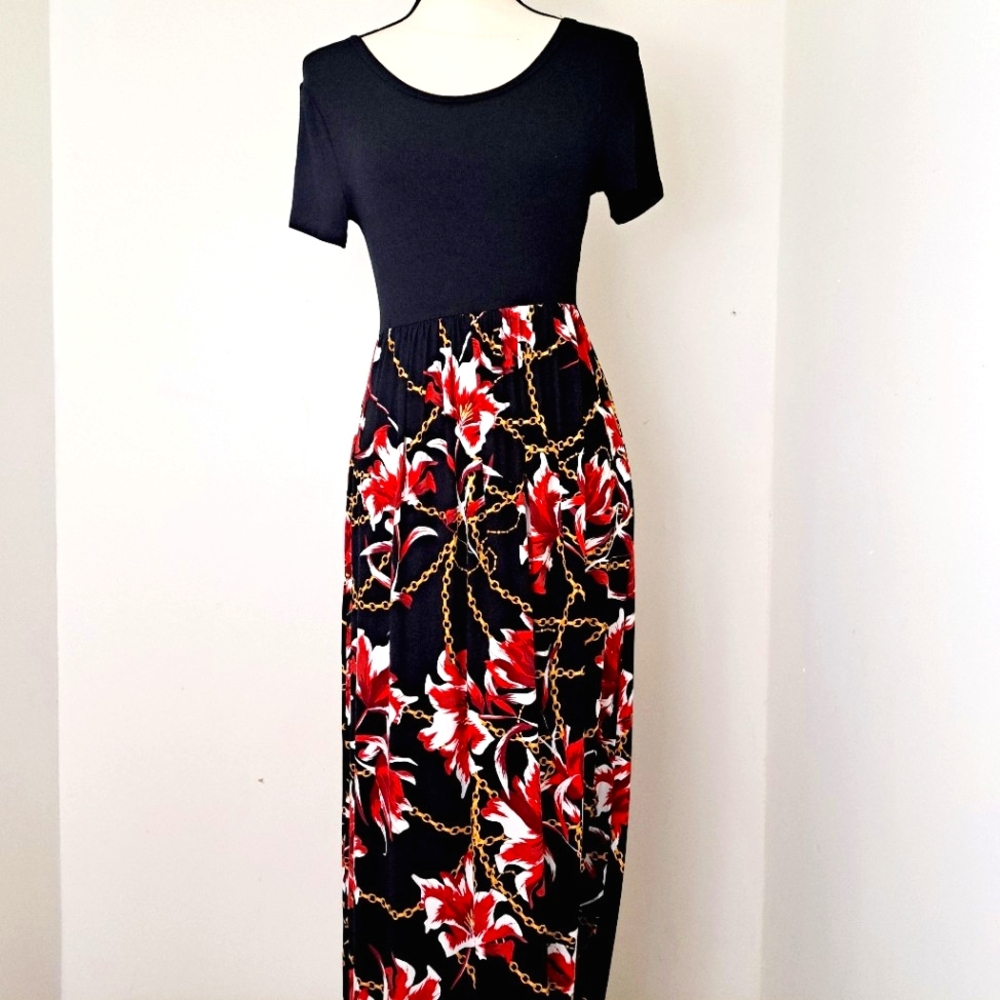 EUOVMY Women's Short Sleeve Loose Floral Chain Red Black Dress Sz S